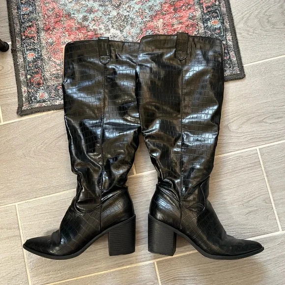 Black Croc-Embossed Knee-High Boots - Picture 1 of 8